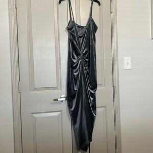 Prettylittlethings Spaghetti Silver Velvet Dress W/ Ruching